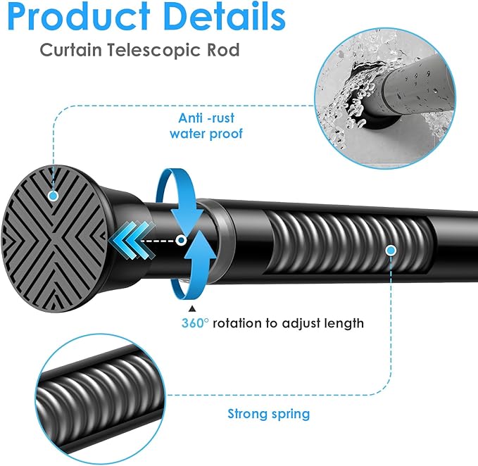 MEXAU Black Tension Curtain Rods 23 to 46 Inch,Small Curtain Rods No Drilling,Short Spring Tension Rod for Windows Door Closet,Pressure Curtain Rod