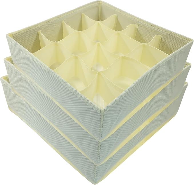 3 Pack Sock Underwear Organizer Dividers, Collapsible & Foldable Cabinet Organizer Storage Boxes, 64-Cell Fabric Drawer for Socks, Underwear, Ties (16+24+24 Cell, Beige)