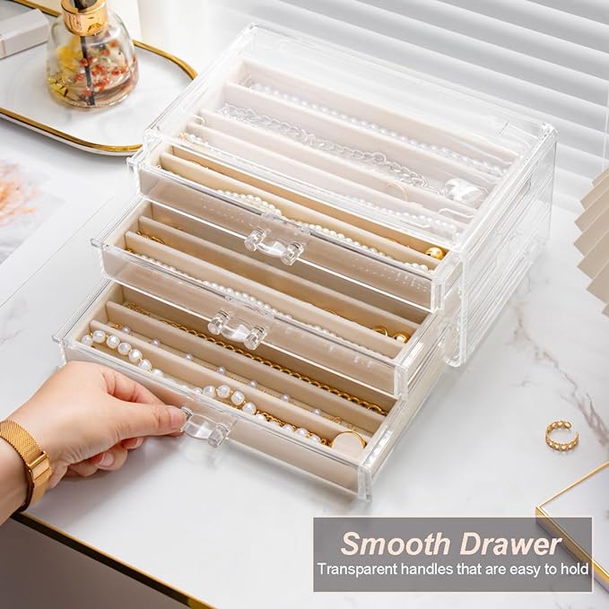 Necklace Holder Organizer, Dustproof Necklace Box Velvet Necklace Organizer Box with Lid Clear Acrylic Dustproof Stackable Jewelry Displays for Necklaces Chain Display (Beige, 5 Drawer)