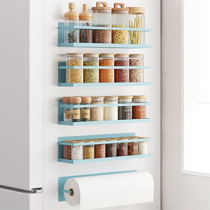 Roysili Magnetic Spice Rack For Refrigerator, Space Saving Magnetic Shelf For Fridge Blue 4 Pack With Magnetic Paper Towel Holder