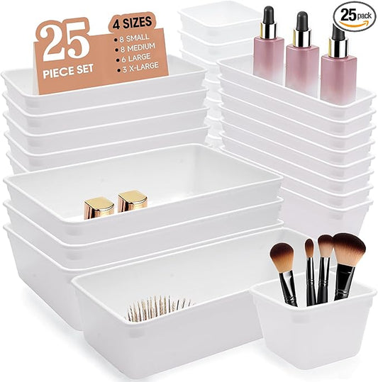 Kitchen Desk Drawer Organizers Storage for Office, Small Acrylic Vanity Trays Makeup for Drawer Bathroom Plastic Make up Organizers 25 Pcs White
