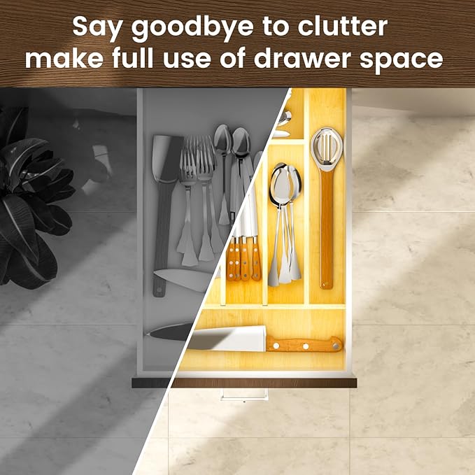 Silverware Drawer Organizer Wood with Adjustable Partition for Kitchen Utensil Cutlery Flatware Cabinet Storage Compartment Tray Insert with Dividers (13.2" W x 19.5" D x 2.5" H)