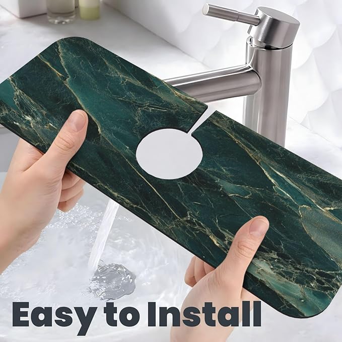 Sink Faucet Mat Elegant Green Marble Kitchen Splash Guard Absorbent Bathroom Sink Mat Around Faucet 15" x 5.5" Drying Mats Stone Draining Mat
