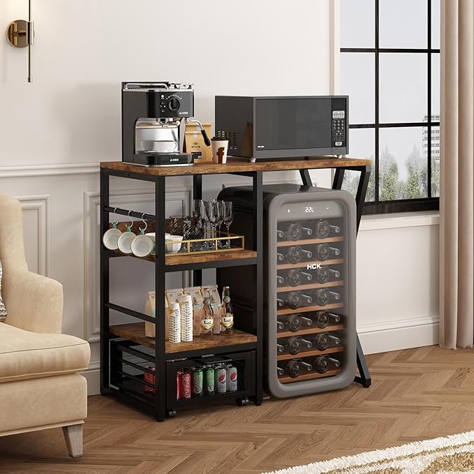 Kitchen Bakers Rack with Movable Basket, Coffee Bar Cabinet with Mini Fridge Space, Beverage & Wine Fridge Stand, Kitchen Storage Organizer with Worktop, Microwave Oven Stand for Home, Dorm, Office