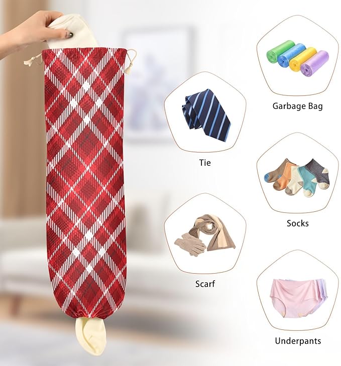 1 PC Plastic Bag Holder Wall Mount Grocery Bag Holder Shopping Bag Trash Bag Storage Organizer Dispenser for Kitchen Closet 22 x 9 Inch Christmas Red Plaid