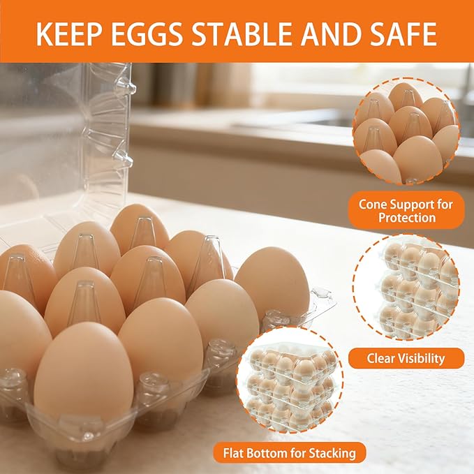 100 Pack 3x4 Plastic Egg Cartons Bulk 12 Count Clear, Reusable Stackable Dozen Chicken Eggs Containers Holders for Storage, Family, Farm Markets and Commercial Display