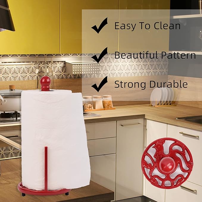 Vintage Paper Towel Stand - Cast Iron Kitchen Countertop Decor, Easy Tear Roll Towel Holder, Red
