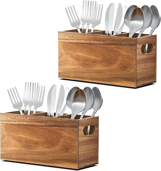Silverware holder, Acacia Wooden silverware organizer, Utensil holder for party, Utensil holder for party for Countertop Spoon and Fork Holder Flatware Utensils Caddy for Party-2pcs