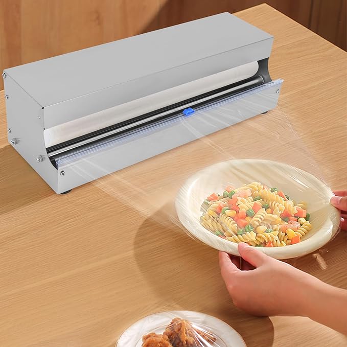 10''-18'' Cling Film Dispenser, Stainless Steel Food Wrap Sealer Packaging Machine Wrapper Cutter With 2 Replacement Blades & 4 Non-slip Feet for Fruit Vegetable & Meat Preservation