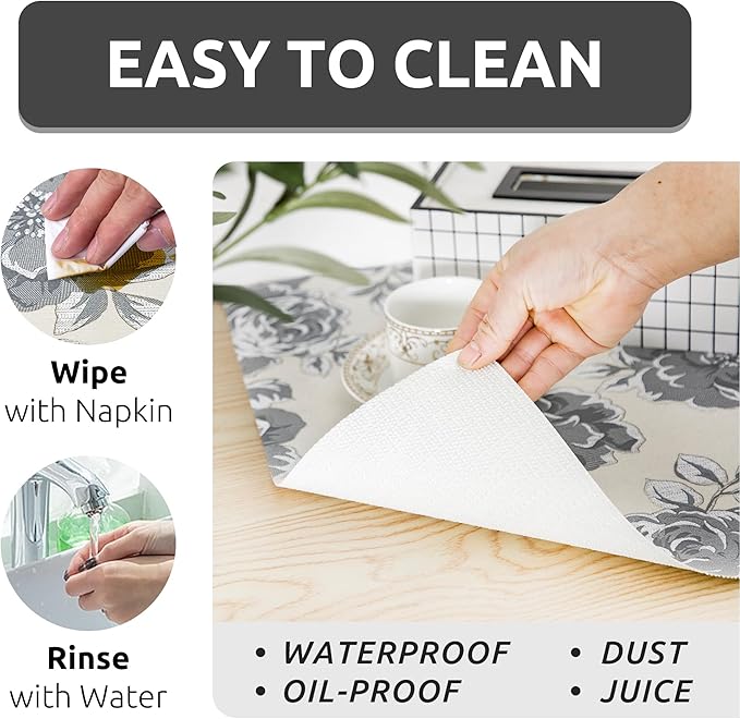 18X96 Inch Shelf Liner for Kitchen Cabinets, PVC Drawer Liner for Dresser Non-Slip Bathroom, Non-Adhesive Cabinet Liner Washable (Black Flower)(2 Roll)