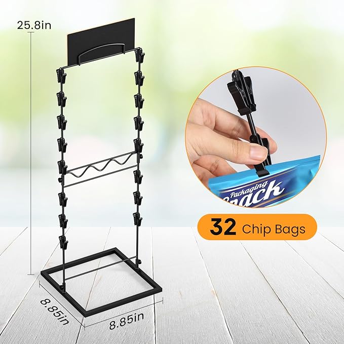 TJ.MOREE Chip Rack Display Stand, Chip Bag Holder for Party Display 2-Row 32Clips Countertop Snack Hanger, Snack Retail Display Rack for Party, Countertop