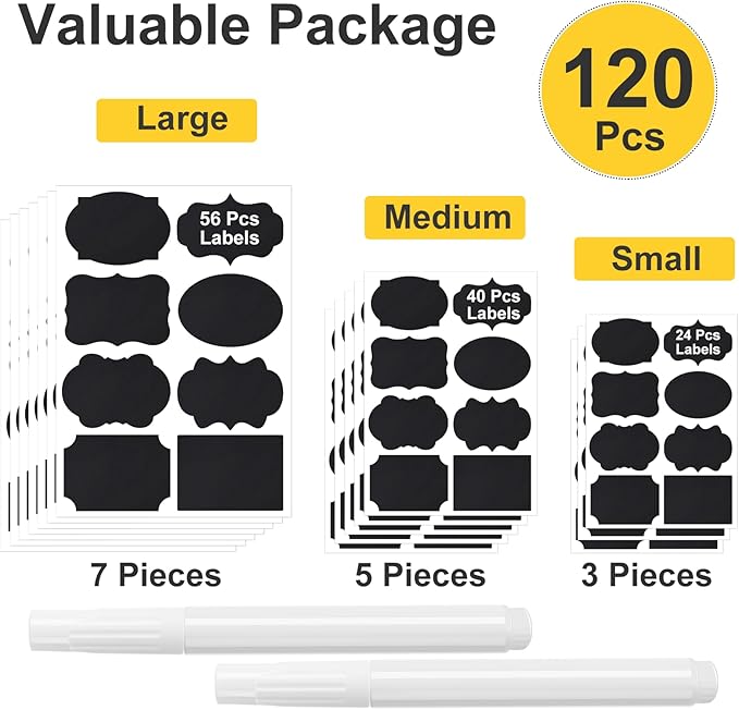 JEFURE 120 Pcs Chalkboard Labels for Storage Bins, Waterproof, Reusable Chalk Tag for Mason Jar, Party Decoration, Craft Rooms, 2 Liquid Chalk Markers