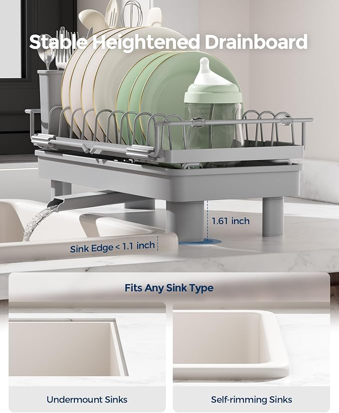 Nacial Small Dish Drying Rack with Utensil Holder, Expandable Dish Rack Over Sink with Auto-Drain Tray, Compact Dish Drainer for Kitchen Counter, Stainless Steel Dish Rack Fits 14''–21.8'' Sink, Gris