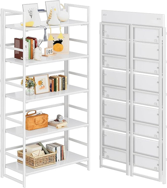 4NM No Assembly 5 Tiers Collapsible Book Shelves, 51.2" H Folding Bookshelf Bookcase Open Industrial Foldable Shelves for Bedroom, Living Room, Home Office - All White