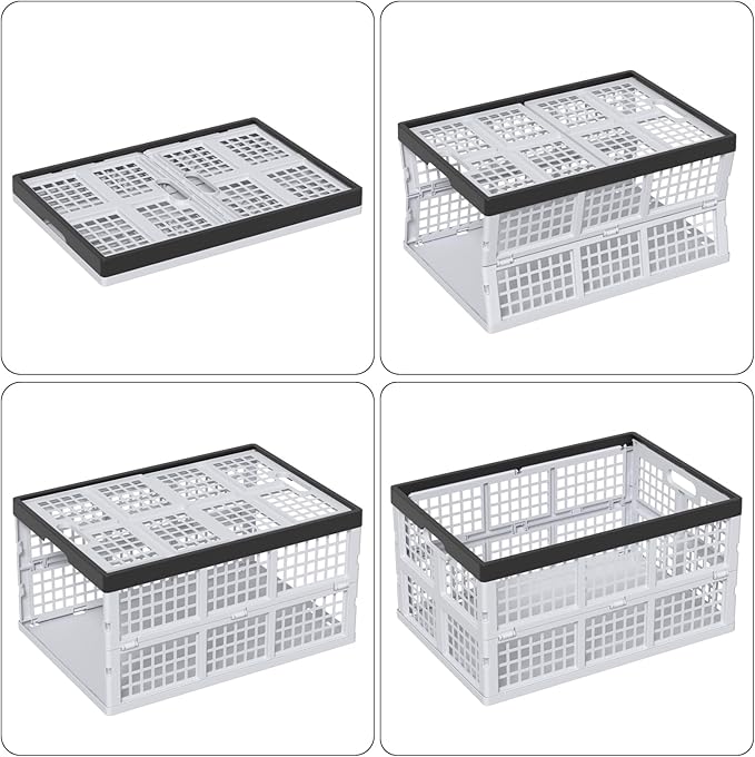 Parlynies 42 L Plastic Stackable Collapsible Storage Crate, 4-Pack Stacking Folding Storage Basket, Utility Crate Basket Containers