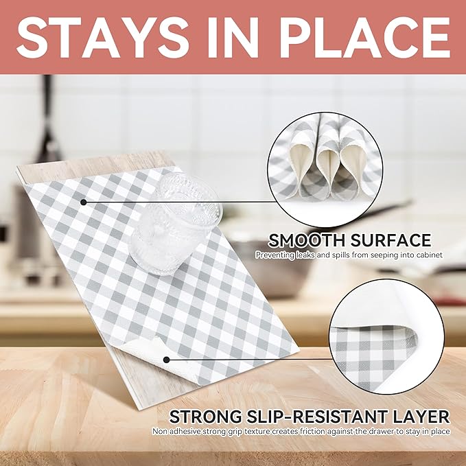 RAY STAR Shelf Liners for Kitchen Cabinets Non-Adhesive, 18 Inch X 8 Feet Cabinet Liners for Shelves Waterproof Non Slip Grip Bottom Drawer Pantry Liner Gingham Checkered Grey (2 Rolls)