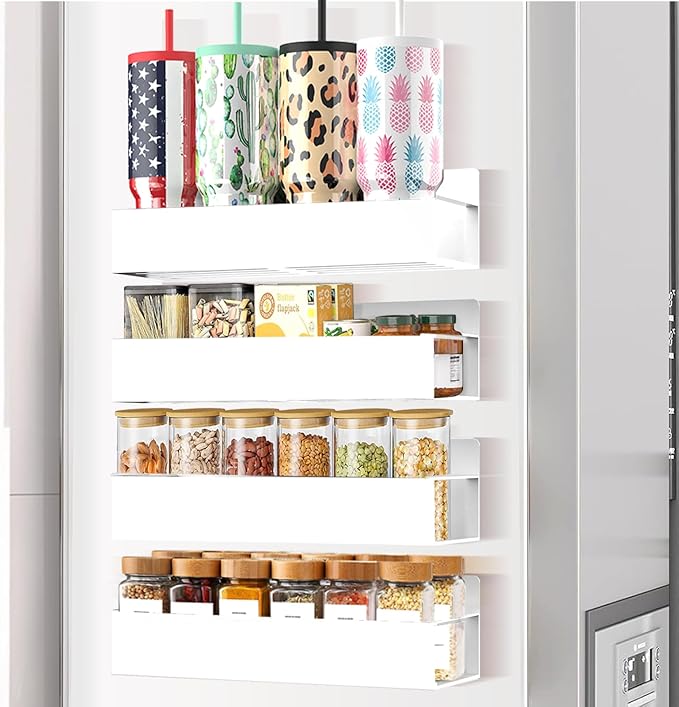 SMRCAD Magnetic Spice Rack for Refrigerator Seasoning Organizer for Spice Fridge Shelf storage Magnetic Shelf with Hook for Oven(4pack-White)