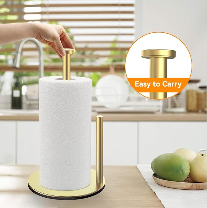 Paper Towel Holder, Gold Kitchen Roll Holder, Premium Stainless Steel Paper Towel Holder for Kitchen Rolls Organizer, Standing Paper Roll Dispenser