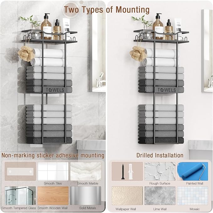 Towel Racks for Bathroom Wall Mounted Towel Storage Organizer Wall Towel Rack for Rolled Towels（2 Tier Black