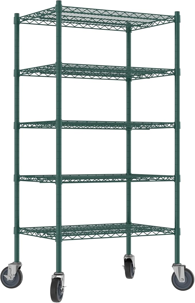 Commercial NSF Listed Green Epoxy Mobile Wire Shelving Kit 21" x 30" x 60", with 5 Shelves Perfect for Warehouse, Walk-in Refrigerator, Freezer, Grocery Store, Restaurant, Dishroom