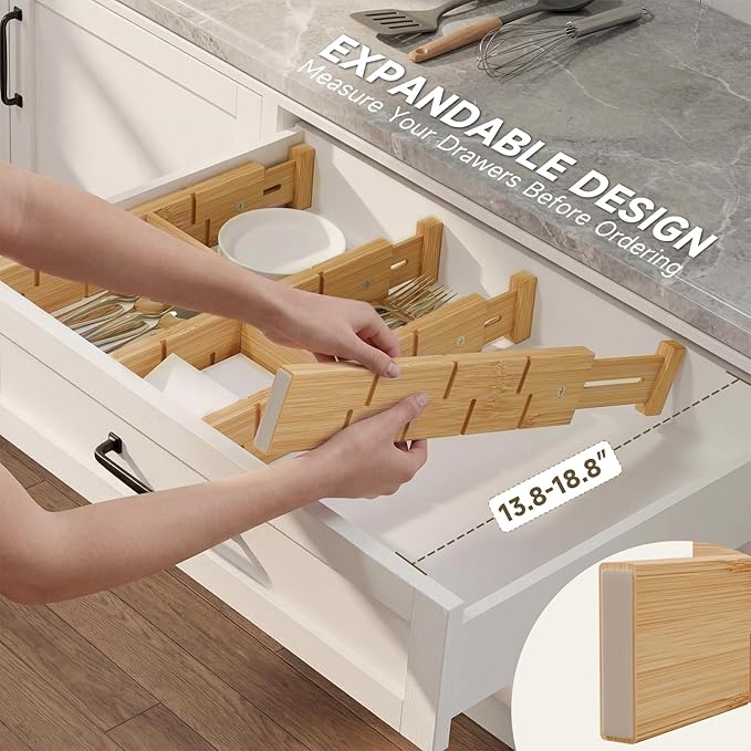 Kitchen Drawer Organizer, Expandable Bamboo Drawer Divider, Include 8 Dividers, 8 Small Inserts and 8 Medium Inserts for Home, Office, Dressers (Short-8 Dividers)