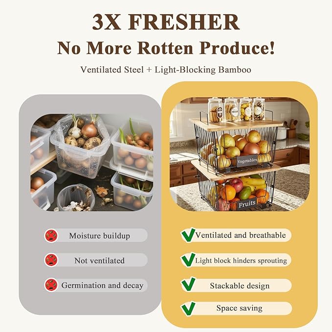 【XXL Big Size】1 Pack Stackable Wire Storage Baskets with Wood Lid- Pantry Cabinet Organization, Kitchen Counter Basket for Fruit Vegetable -Large Metal Bin for Pantry Organization and Storage, Black