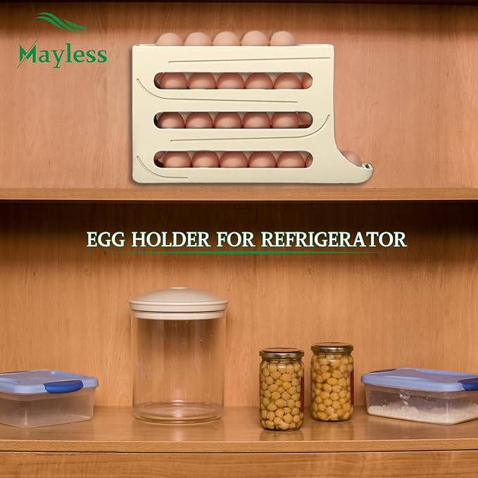 Fridge Egg Organizer - Auto Rolling Rack, Egg Holder For Refrigerator. (Beige)