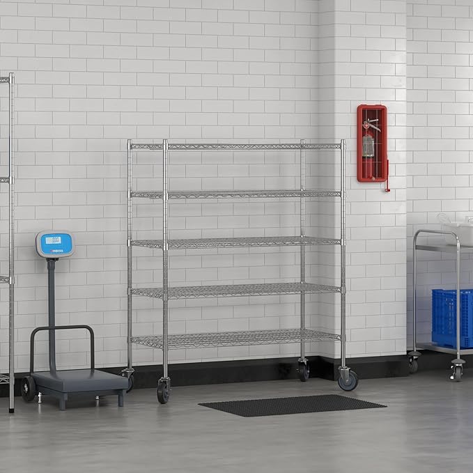 Commercial NSF Listed Chrome Mobile Wire Shelving Kit 21" x 48" x 60", with 5 Shelves Perfect for Warehouse, Walk-in Refrigerator, Freezer, Grocery Store, Restaurant, Dishroom