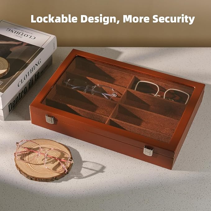 Glasses Holder Box Drawer Sunglass Organizer for Men Clear Wide Storage Case 8 Slots Multiple Reading Glasses Display, Brown Leather With Clear Glass Lid