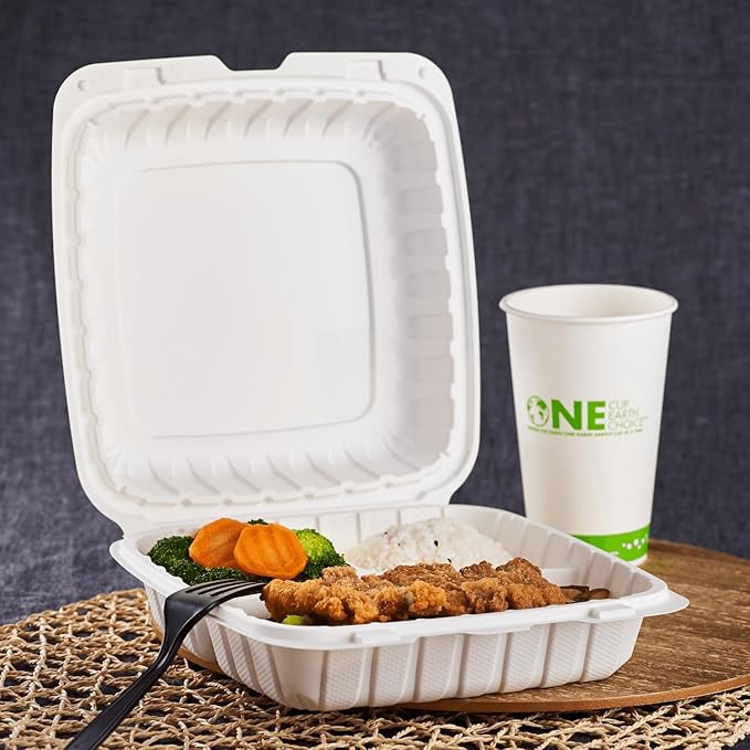 KARAT EARTH Clamshell Take Out Food Containers [9"x9" - 120 ct] To Go Containers | 3 Compartment, Soak-Resistant, Durable, Stackable | Vented for Hot/Cold Foods, White