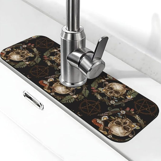 Wiccan Wicca Skull Mushroom Mushrooms Witchcraft Kitchen Sink Splash Guard Faucet Mat Super Absorbent Fast Drying Mat Sink Gadgets-Fast Drying Pad Sink Mat For Kitchen Bathroom (15" X 5.5" )