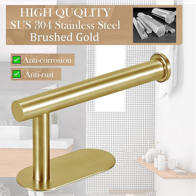 Toilet Paper Holder - Self Adhesive Toilet Paper Holder Wall Mount for Bathroom, SUS 304 Stainless Steel Command Strip Toilet Paper Roll Holder Stick On Wall, No Drilling - Brushed Gold（2 Pcs）