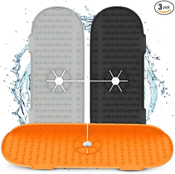Silicone Faucet Water Catcher Mat, Soft Silicone Faucet Mat Sink Water Splash Guard, 3 Pieces Faucet Splash Catcher for Kitchen Sink Splash Guard to Keep Dry (Gray & Black &Orange)