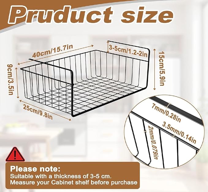 2 Pack Under Shelf Storage Basket Organizer Metal Black Hanging Wire Shelves for Kitchen Cabinet Cupboard Pantry Bookshelf