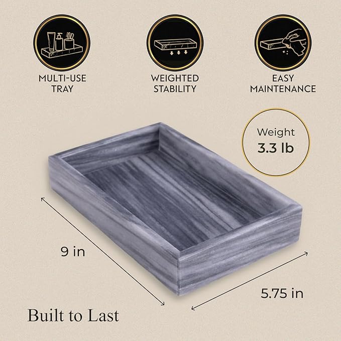 Bey-Berk Ezra Carrera Genuine Marble Guest Towel Tray (Grey), 9" x 5.75" Bathroom Counter Organizer, Sculpted Marble Luxury Accent