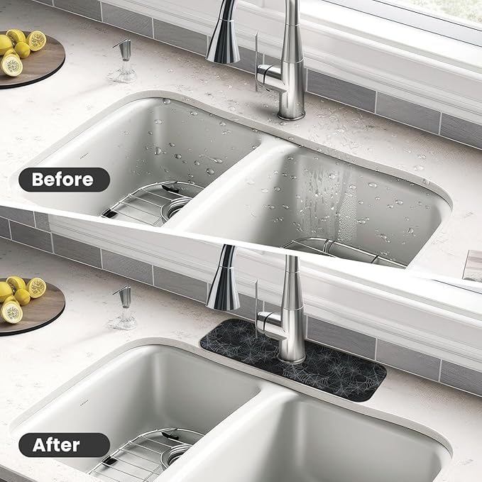 Halloween Black Spider Web Kitchen Sink Splash Guard Faucet Mat Super Absorbent Fast Drying Mat Sink Gadgets-Fast Drying Pad Sink Mat For Kitchen Bathroom (15" X 5.5" )