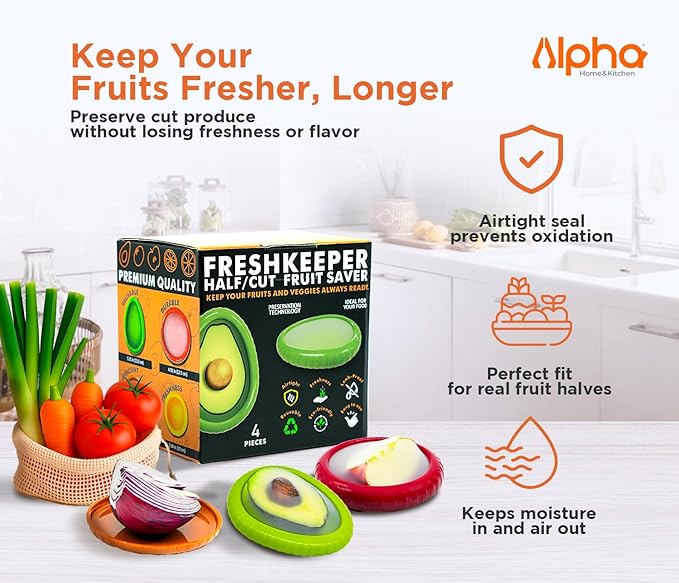 Avocado Saver Storage Containers - 4-Pack BPA-Free Silicone Lids - Reusable Fresh Pods for Avocado, Onion, Tomato & Halved Produce