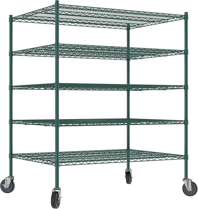 Commercial NSF Listed Green Epoxy Mobile Wire Shelving Kit 36" x 48" x 60", with 5 Shelves Perfect for Warehouse, Walk-in Refrigerator, Freezer, Grocery Store, Restaurant, Dishroom