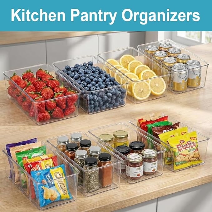 Set of 4 Clear Fridge Organizer Bins,2 Pack Stackable Refrigerator Organizer And 2 Pack Pantry Organizers and Storage with 3 Dividers,BPA-Free Spice Organization for Kitchen Cabinet