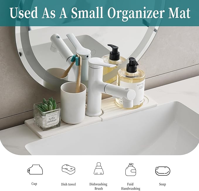 ODE TO ORDER Stone Faucet Mat for Kitchen Sink Bathroom Counter, 15.7 Inch White Diatomite Water-Absorbing Drying Stone Mat, Sink Stone Tray Protector,Prevent Moisture Sink Splash Guard
