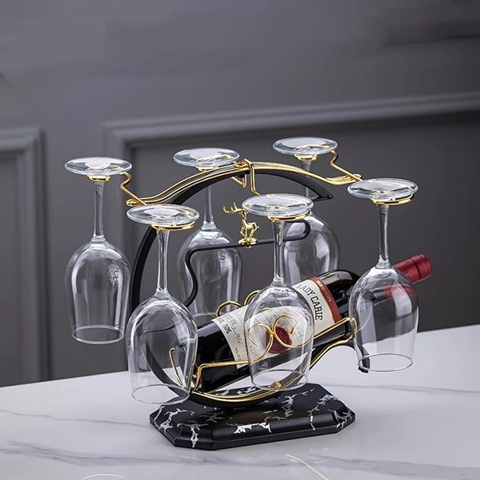 Homya Wine Rack - Under Cabinet Goblet Wine Bottle Holder Glass Storage Rack Metal Storage Rack for Easy Access and Storage of Wine Glasses Fortune Deer Edition 6 Glasses + 1 Bottle，High-end Wine Rack