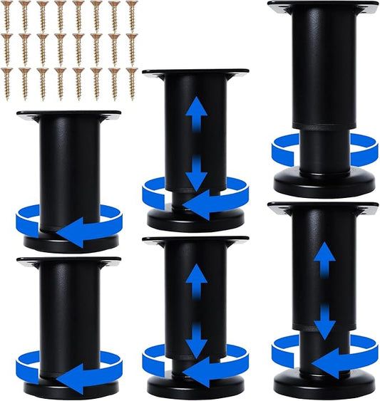 6 Pcs Adjustable Height Furniture Support Legs [with Screws] 3.15-4.72 inch, Metal Heavy Duty Furniture Replacement Legs for Chair/Bed/Sofa/Cabinet/Couch/Dresser/Bed/Table (Black)