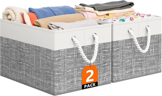 Storage Bin,Collapsible Storage Basket For Organizing,Large Storage Boxes With Rope Handles,Storage Containers,White & Grey,2 Pack