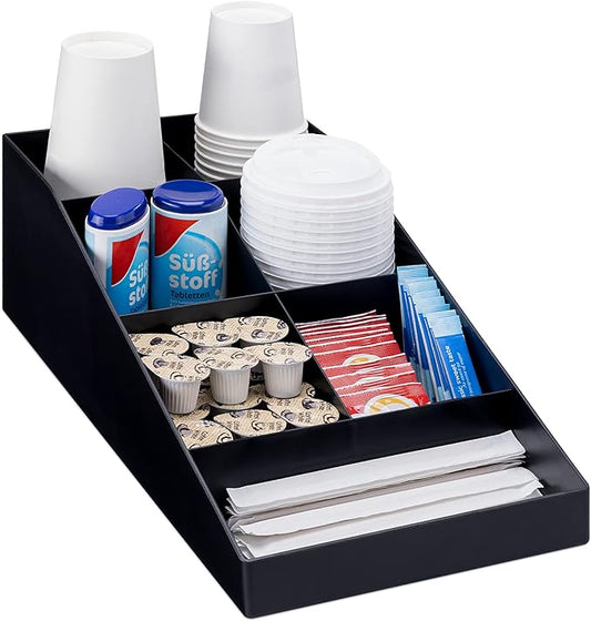 Navaris Coffee Station Organizer - 7 Compartment Coffee Bar for Sugar, Creamer, Cup, Tea - Office & Kitchen Countertop Organization