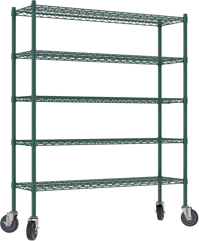 Commercial NSF Listed Green Epoxy Mobile Wire Shelving Kit 14" x 48" x 60", with 5 Shelves Perfect for Warehouse, Walk-in Refrigerator, Freezer, Grocery Store, Restaurant, Dishroom