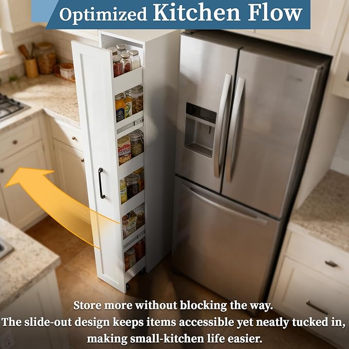 Tall Slim Rolling Storage Cart on Wheels 6-Tier Next to Fridge 11.81 inch Wide Narrow Pull-out Skinny Spice Rack Side of Refrigerator Slide-out Shelf Pantry Cabinet for Kitchen, Laundry Room White