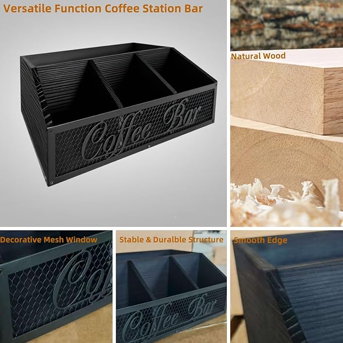 Coffee Station Organizer for Countertop, Wood Coffee Bar Organizer, Coffee Pods Holder Storage Box, Rustic Bar Accessories for Decor, Syrup and Tea Condiment (Black)