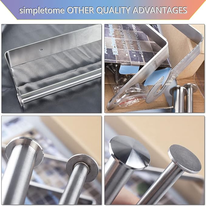 simpletome Kitchen Paper Towels Holder Under Cabinet Adhesive or Drilling Installation Brushed SUS304 Stainless Steel (Silver)