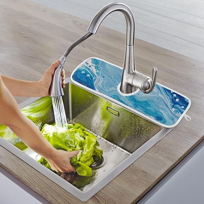 2 PCS Kitchen Sink Splash Guard 14.9 Inch Faucet Mat for Kitchen Sink Bathroom Sink Faucet Absorbing Drip Drain Mat Pad Microfiber Soft Washable Blue Fluid