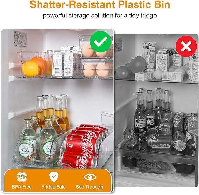 OTraki 6 Pack Fridge Organizer Storage Bins Drink Organizer for Fridge include Soda Can Dispenser Egg Holder Storage Bin with Handle Soda Organizer for Refrigerator Kitchen Countertop BPA Free